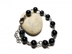 Bracelet avec perles d'Hématite, ajustable en inox argenté, bijou lithothérapie artisanal par La Blanche Hermine