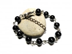 Perles d'Hématite en bracelet ajustable en acier inoxydable argenté, bijou lithothérapie d'ancrage et de protection