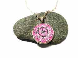 Silver Necklace, white on pink Compass rose silver pendant