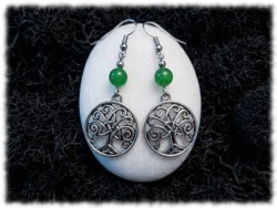 Arbre de vie avec triquètre et Aventurine en boucles d'oreilles argentées, bijou pour femme avec pierre naturelle