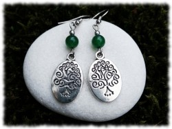 Pendentif Arbre de vie argenté et perle de Jade naturel en boucles d'oreilles pendantes sur crochet, bijou spirituel