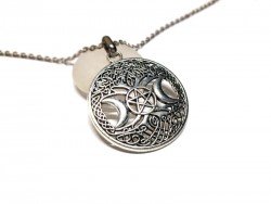 Arbre de vie, Triple Lune et Pentagramme, pendentif païen wiccan argenté sur collier masculin grosse chaîne