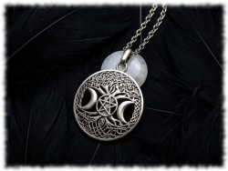 Pendentif argenté Arbre de vie, Triple Lune et Pentagramme sur sautoir grosse chaîne, bijou paganisme Wicca