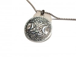 Arbre de vie, Triple Lune et Pentagramme, pendentif païen wiccan argenté sur collier féminin acier inoxydable