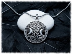 Pendentif argenté Arbre de vie, Triple Lune et Pentagramme sur sautoir chaîne acier inox, bijou paganisme Wicca