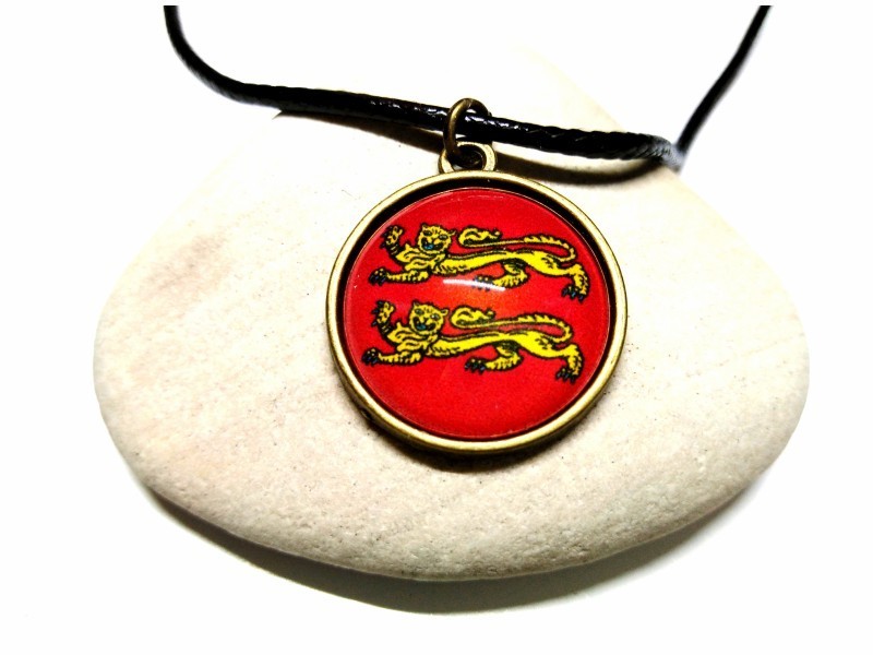 Black Necklace, yellow on red Normandy coat of arms antique bronze pendant
