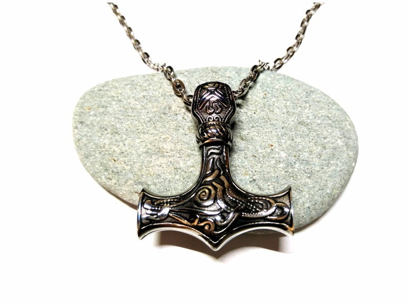 Necklace pendant, Viking Mjöllnir Hammer of Thor silver Nordic jewel norse paganism heathen wicca wiccan pagan biker cosplay