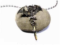 Collier & pendentif argent Dragon & épée, bijou fantasy à Quimperlé, pour enfant ado homme  jdr magie skyrim dragonborn