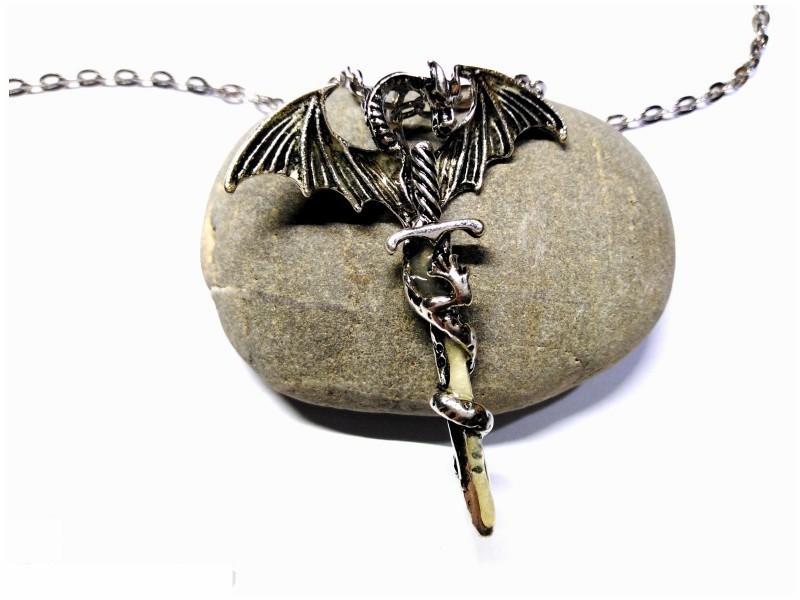 Necklace + pendant, silver Dragon & Sword fantasy jewel for kid teen man woman rpg gamer magic Skyrim dragonborn dovahkin Alduin