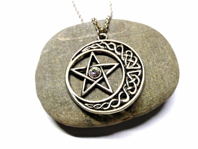 Collier argent, pendentif Lune avec entrelacs & pentacle entrelacé en cercle argent bijoux Wicca bijou wiccan