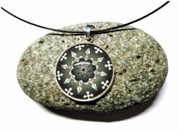 Black Necklace, Compass rose (white on black) Silver pendant
