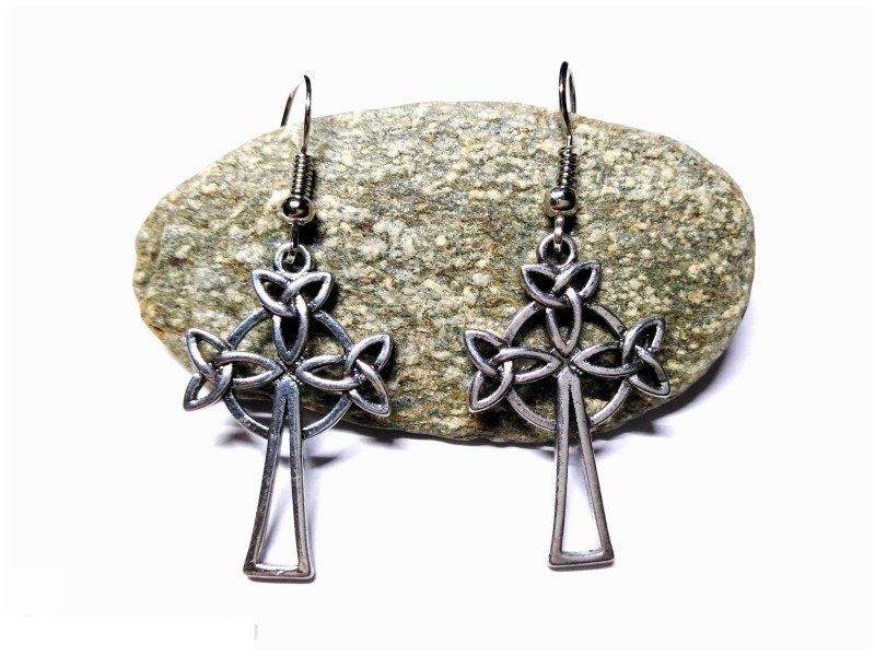 Silver hook Earrings, silver Celtic cross with triquetras pendant