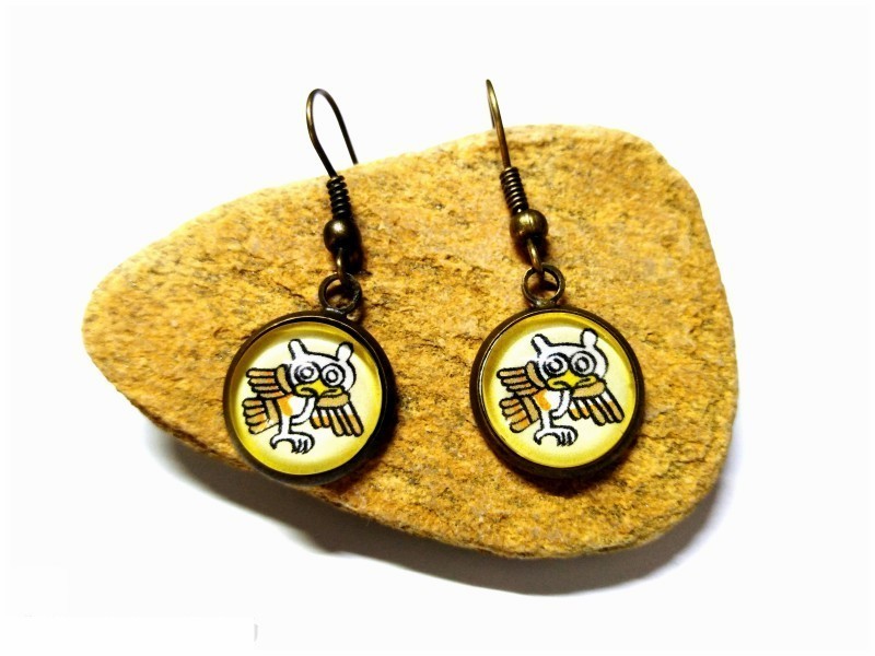 Bronze Earrings, Aztec owl pendant