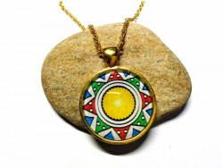 Gold Necklace, yellow, green & red Compass rose golden pendant