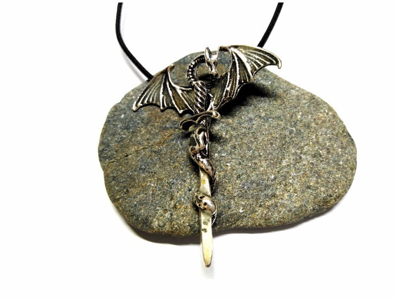Black Necklace, silver Dragon & Sword pendant