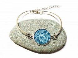 Silver Bangle, Turquoise Seigaiha (Japanese) traditional fabric pattern