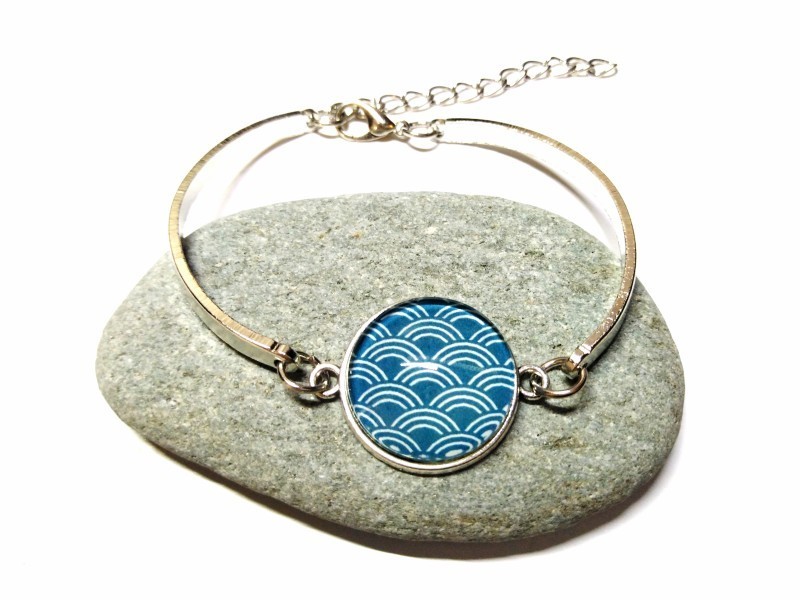 Bracelet argent, motif Seigaiha (japonais) turquoise, bijou tissu traditionnel Japon 青海波 vagues, pour femme ado adolescente