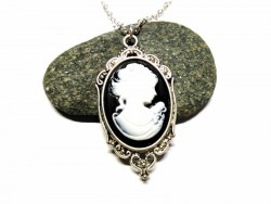 Silver Necklace, white on black Woman cameo silver pendant