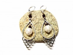 Silver lever back Earrings, Pearl and red Boho pendant