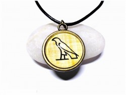 Black Necklace, black on papyrus Falcon Horus Egypt hieroglyph antique bronze pendant