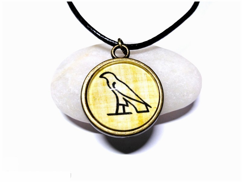 Black Necklace, black on papyrus Falcon Horus Egypt hieroglyph antique bronze pendant