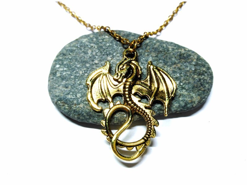 Gold Necklace, golden Dragon pendant