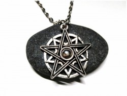 Collier argent, pendentif Double pentagramme entrelacé en cercle argent wicca