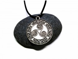 Black Necklace, silver Celtic Triskelion in a circle with knotworks pendant