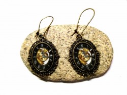 Boucles d'oreilles bronze, pendentif Steampunk horloge & engrenages noir & or bijou cosplay mode fashion fantasy