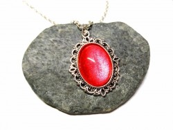 Silver Necklace, Gothic or Victorian Metal red Silver pendant