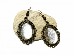 Bronze Earrings, Pearl white vintage Victorian Gothic Bronze pendants