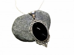 Silver (link chain) Necklace, Matte black Silver pendant, hand-painted jewel Gothic or Victorian style