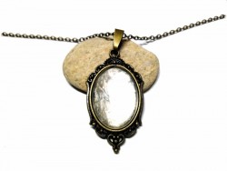 Bronze (link chain) Necklace, Pearl white Bronze pendant, hand-painted jewel Gothic or Victorian style