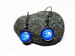Silver (hook) Earrings, Eye of Horus silver pendant  Egypt jewel earring  white on blue