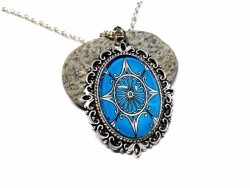 Silver Necklace, white on turquoise Compass rose silver pendant