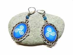 Silver (lever back) Earrings, Triskelion silver pendant  Celtic jewel earring triple spiral white on blue