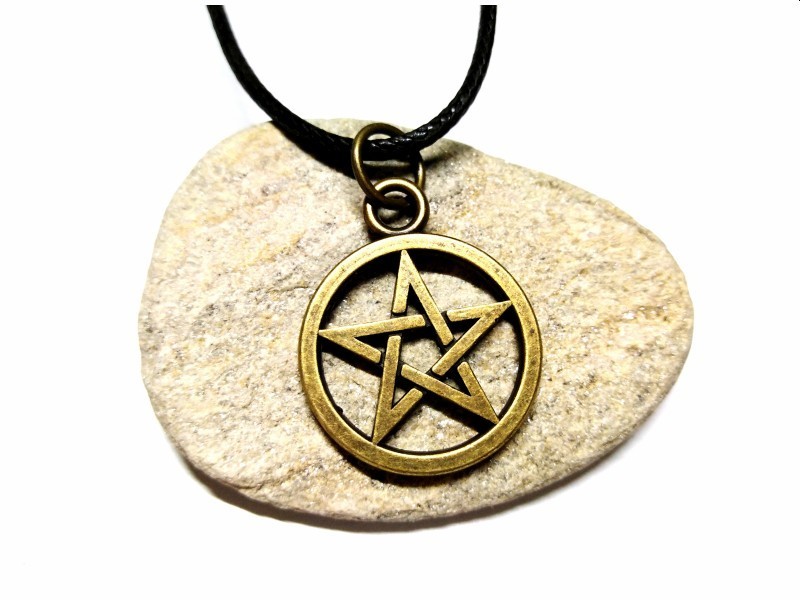 Black (Braided cotton necklace) Necklace, Pentagram in knotwork bronze pendant paganism jewel wicca