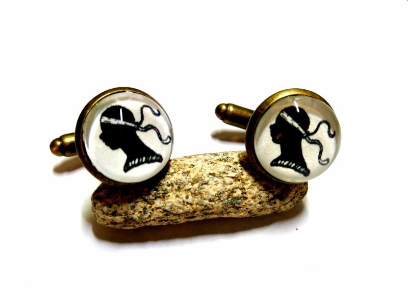 Boutons de manchette bronze, motif Blason Corse noir sur blanc, cabochon verre, accessoire mode, bijou blason