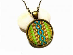 Bronze (link chain) Necklace, Aztec tapestry pattern (apple green, turquoise & brown) Bronze pendant, Aztec jewel fabric