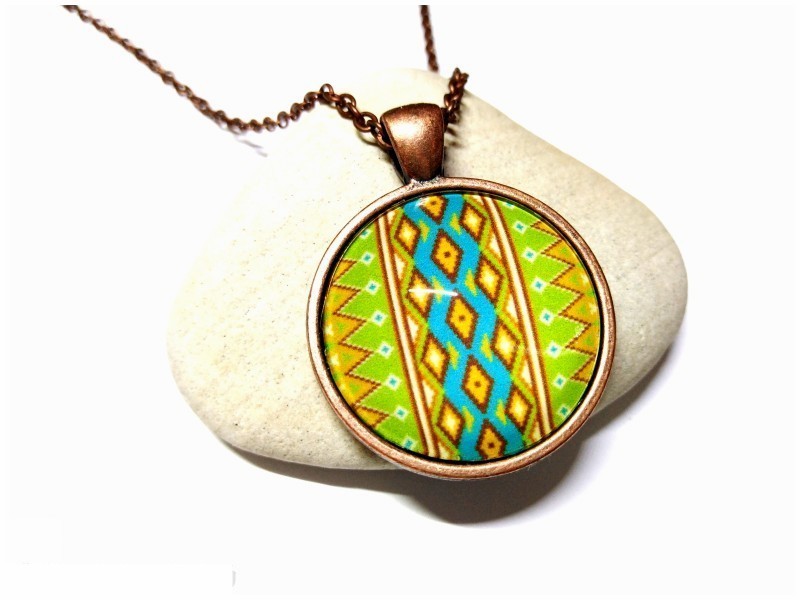 Copper (link chain) Necklace, Aztec tapestry pattern (apple green, turquoise & brown) Copper pendant, Aztec jewel fabric