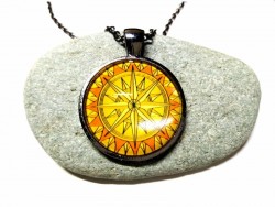 Gun metal (link chain) Necklace, Compass rose (yellow) Gun metal pendant, sea jewel