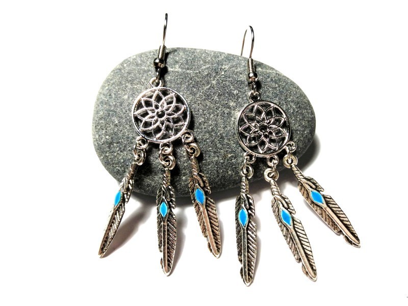 Boucles d'oreilles crochet argent, pendentif Attrape-rêve argent & turquoise bijoux boho chic ethnique amérindien hippie