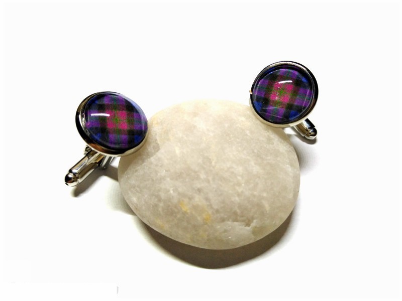 Boutons de manchette argent Tartan Pride of Scotland bleu & rose, bijou tartans mariage cérémonie Écosse tissu kilt écossais