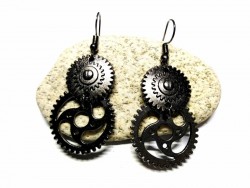 Boucles d'oreilles steampunk noir brillant : des rouages pour la puissance des machines à charbon et des huiles de moteur