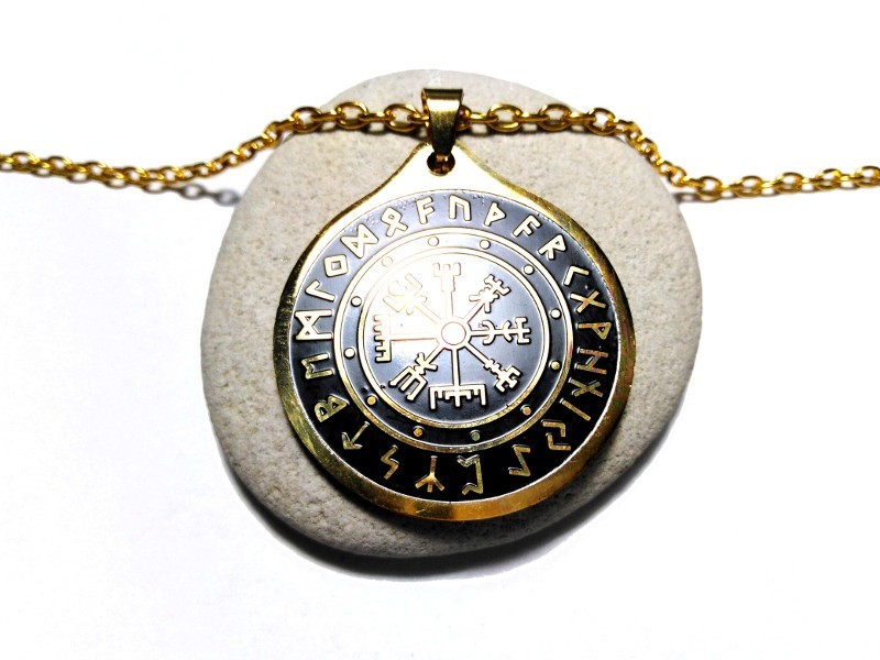Necklace + pendant, Viking Vegvísir and Futhark black & gold Nordic jewel jewels compass rose runes magic staff pagan norse