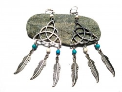 Boucles d'oreilles & pendentif Attrape-rêve Nœud de la Trinité turquoise et blanc argent boho chic triquètre celtique hippie