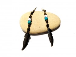 Bronze Earrings, Hippie chic turquoise and white Feather pendants feather jewel earring ethnicboho jewelry