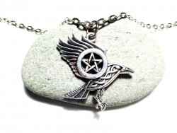 Collier + pendentif Corbeau & pentagramme argent bijou paganisme wicca sorcière amulette