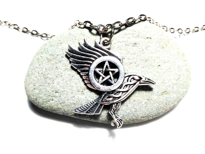 Collier + pendentif Corbeau & pentagramme argent bijou paganisme wicca sorcière amulette bijoux wiccan