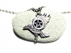 Collier + pendentif Corbeau & pentagramme argent bijou paganisme wicca sorcière amulette